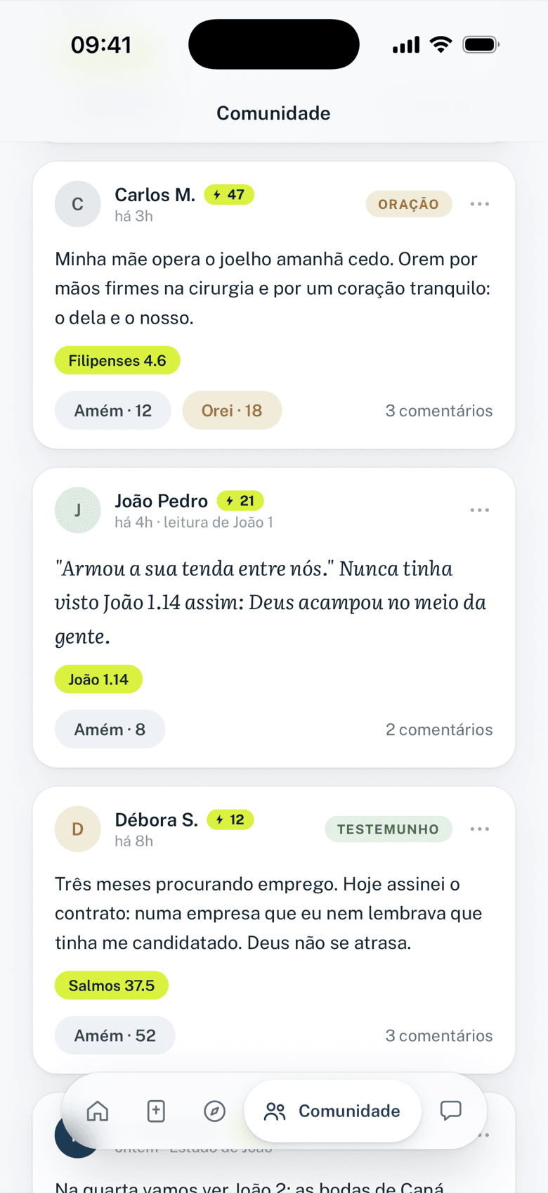 Comunidade: pedido de oração com os botões Amém e Orei, uma reflexão e um testemunho