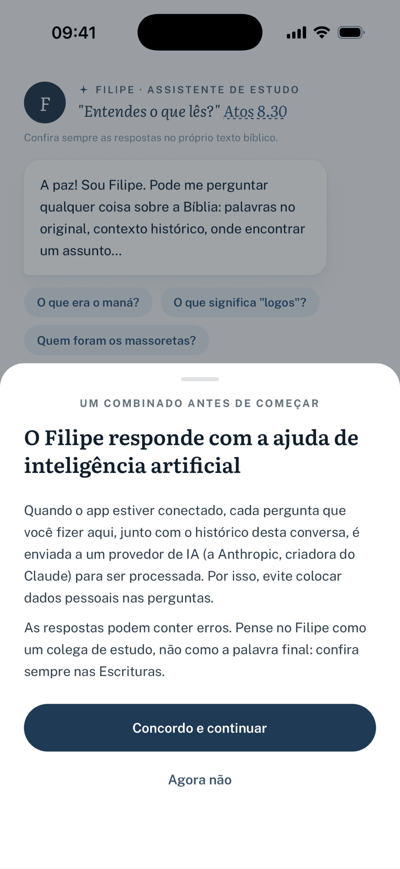Tela de consentimento antes da primeira conversa com o Filipe, explicando o uso de IA