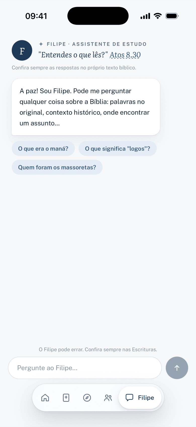 Filipe, o assistente de estudo, com sugestões de perguntas sobre a Bíblia