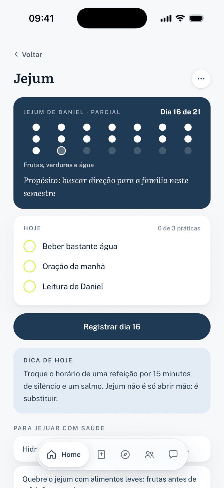 Jejum de Daniel no dia 16 de 21, com as práticas do dia e a dica de hoje