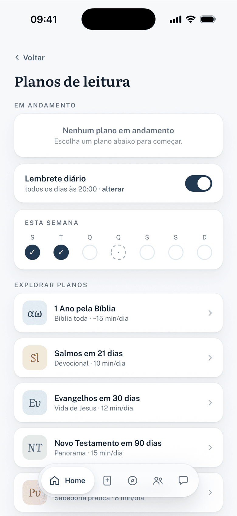 Planos de leitura: lembrete diário, semana marcada e planos como 1 Ano pela Bíblia e Salmos em 21 dias